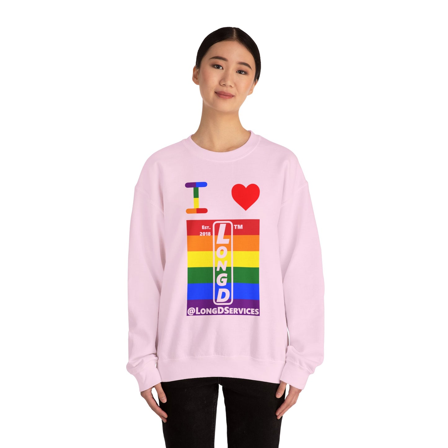 I Luv LongD negative horizontal 6-striped tag upright logo crewneck sweatshirt