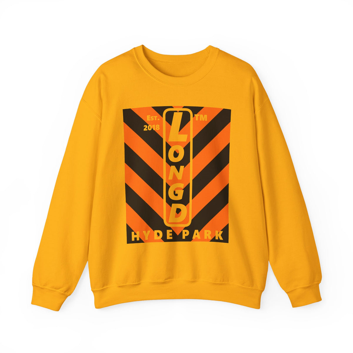 LongD Hyde Park negative upright downward chevron logo (Halloween colors) crewneck sweatshirt