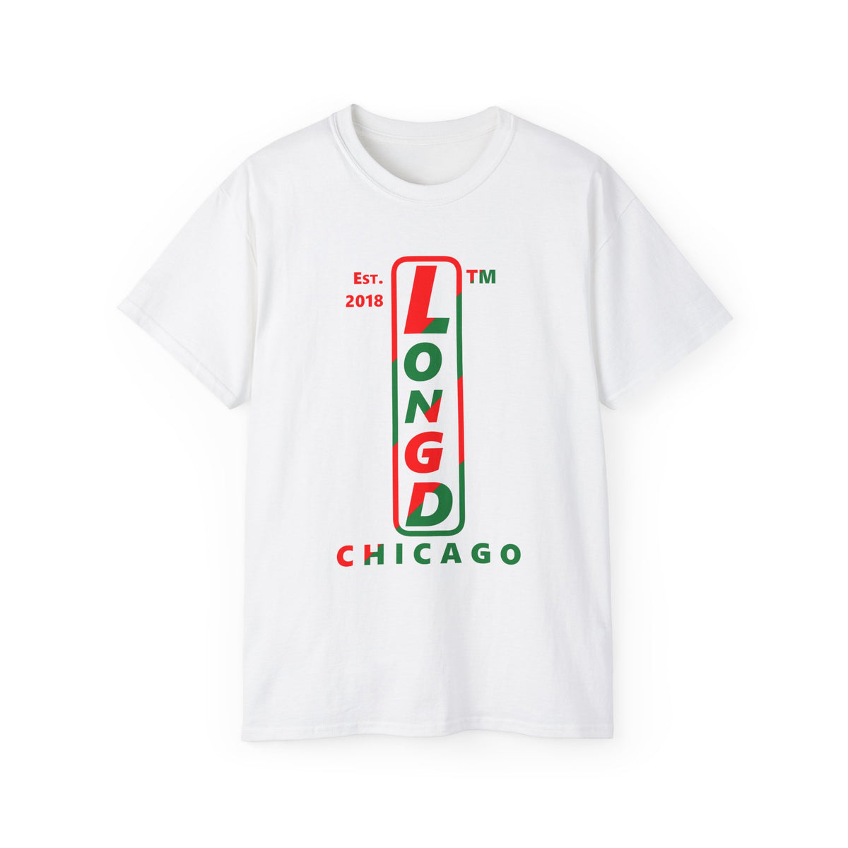 LongD Chicago positive upright pixel-weighted 4-striped logo (Xmas colors) cotton tee