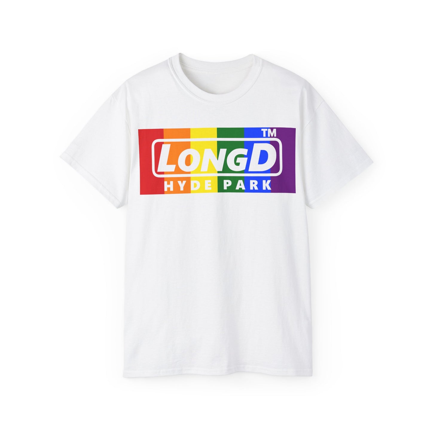 LongD negative vertical striped Hyde Park logo cotton tee (Pride colors)