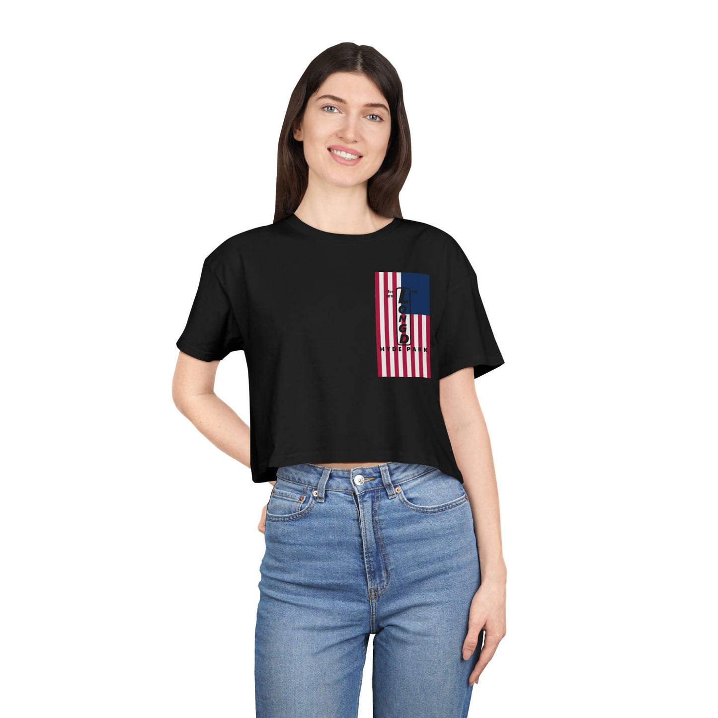 Negative flag upright single-breasted Hyde Park logo crop tee (Patriotic colors)