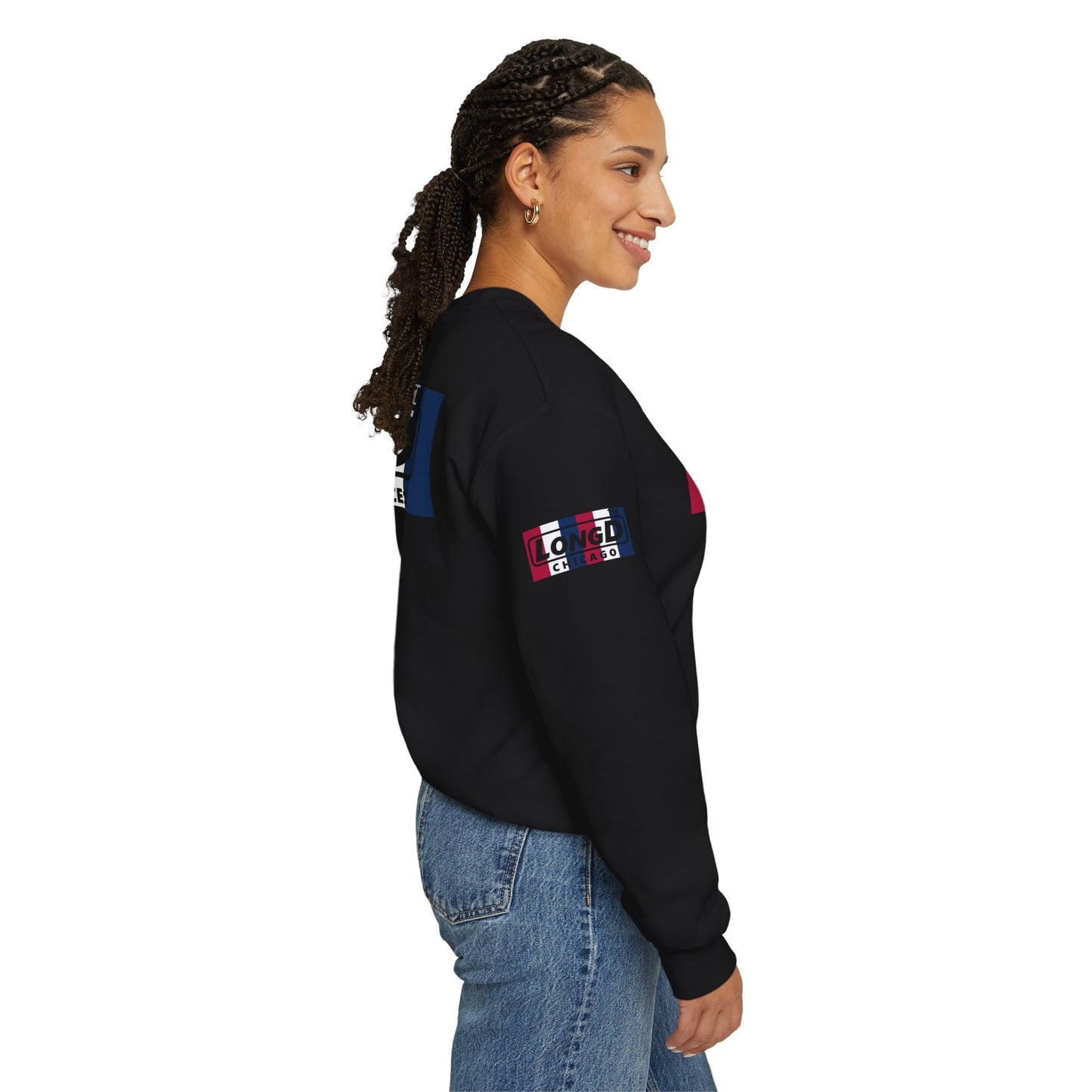 LongD negative vertical 6-striped 4-print double-breasted Chicago logo crewneck sweatshirt (patriotic colors)