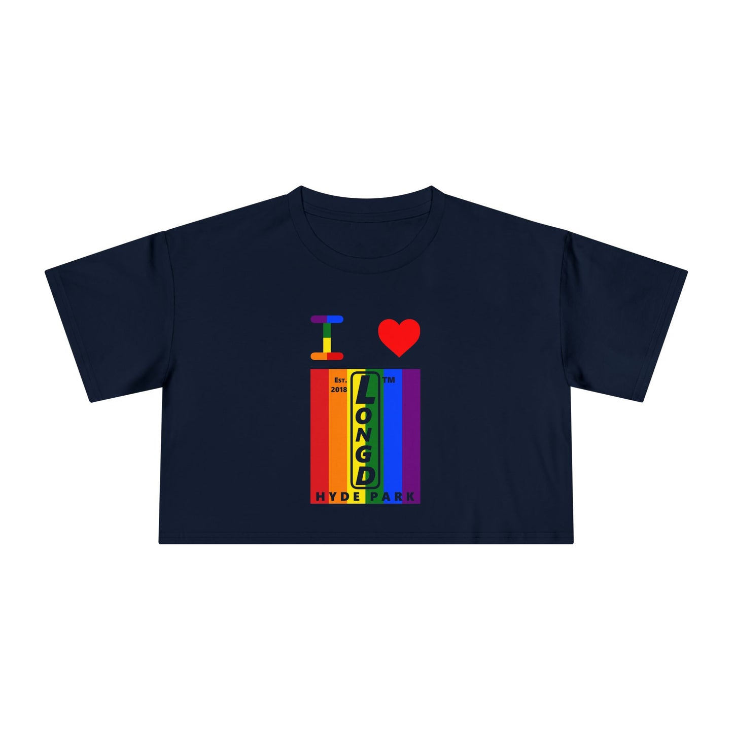 I Luv LongD Mixed horizontal 6-striped upright front-back Hyde Park logo crop tee (Pride colors)