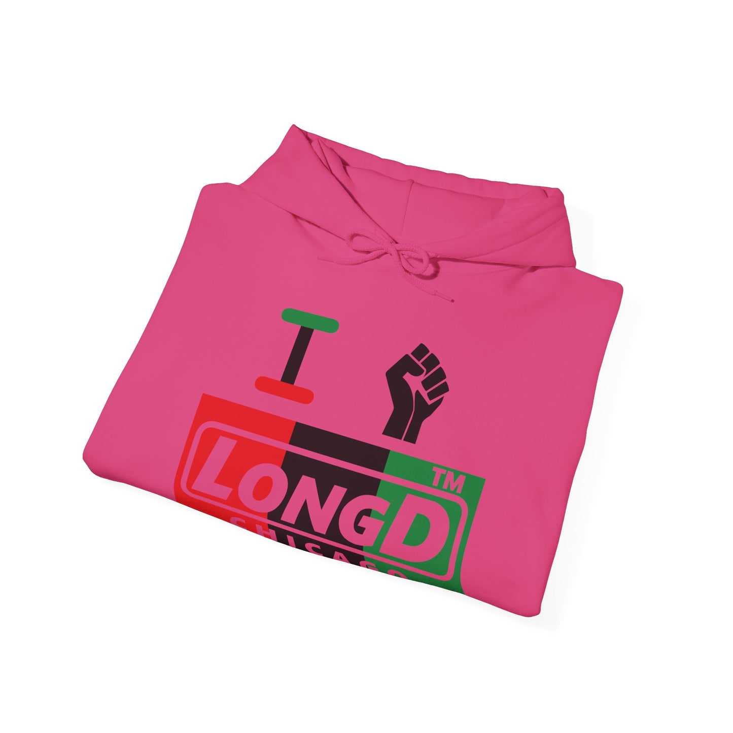 I fist LongD® negative vertical 3-striped Chicago logo Hoodie (Juneteenth colors)