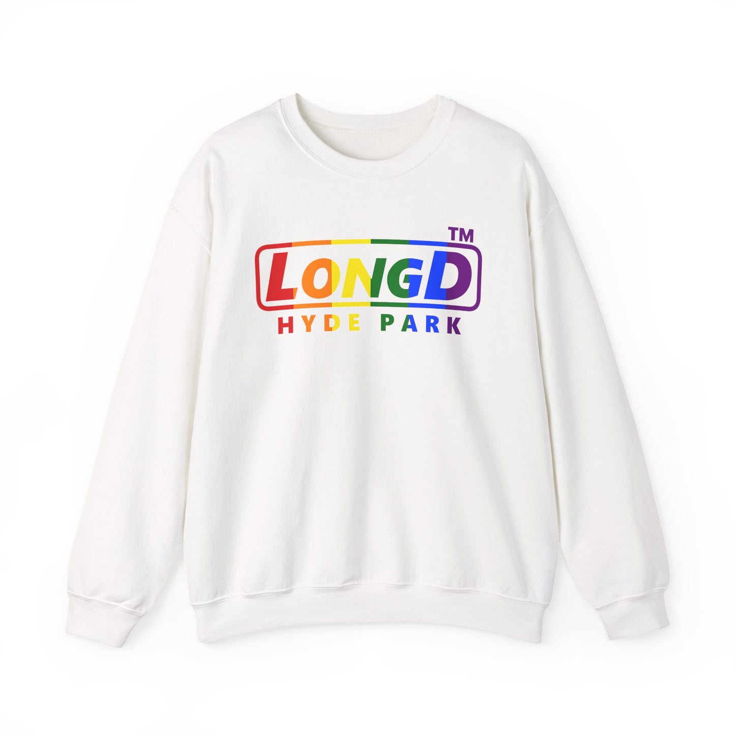 LongD positive vertical striped Hyde Park logo crewneck sweatshirt (Pride colors)