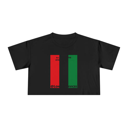 Negative vertical 3-striped upright front-back tag logo crop tee (Juneteenth colors)
