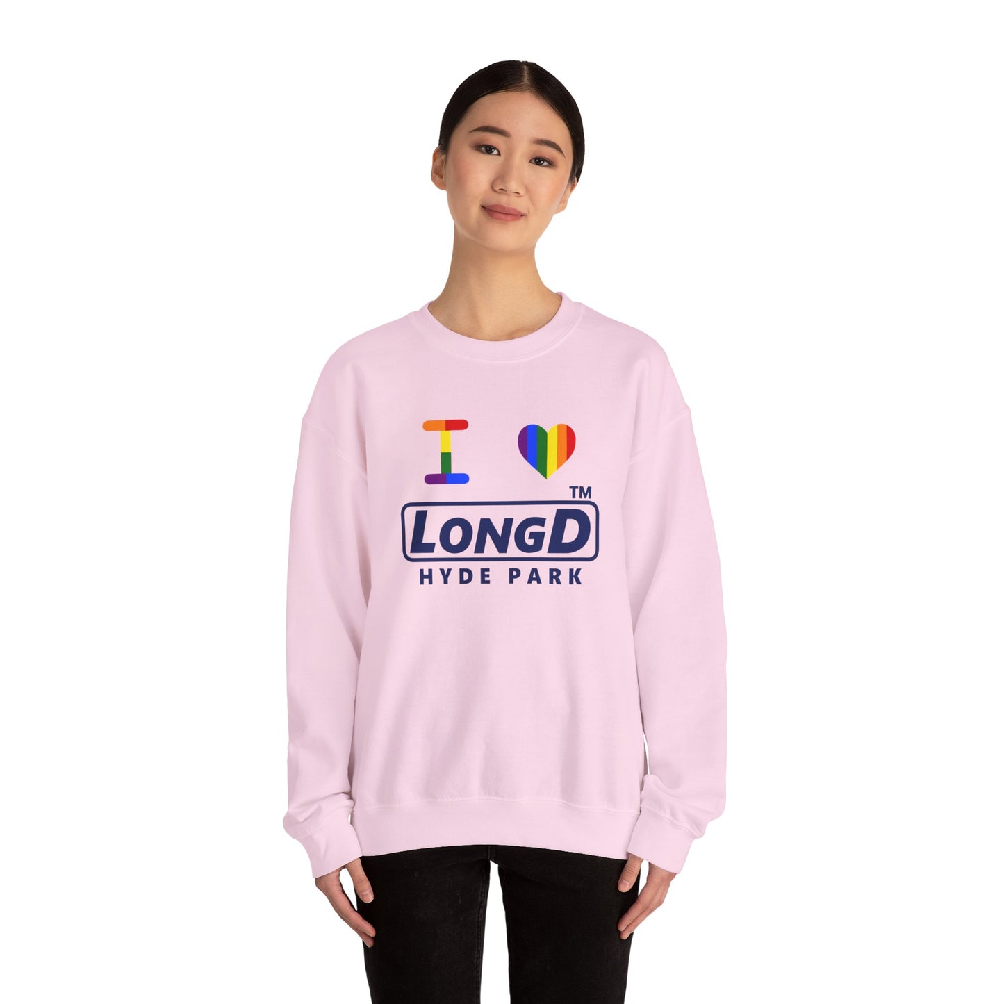 I Luv LongD official basic Hyde Park logo crewneck sweatshirt with Pride heart