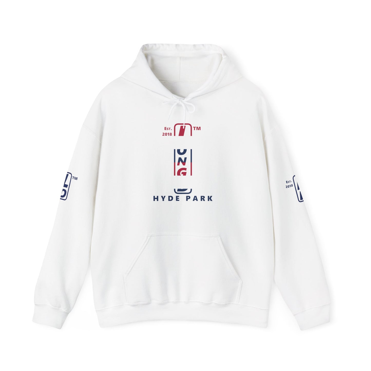 LongD® positive horizontal 6-striped Hyde Park 4-print upright logo hoodie (patriotic colors)