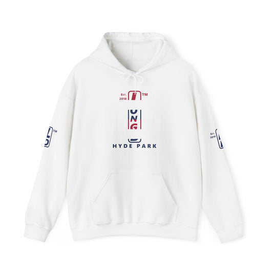 LongD® positive horizontal 6-striped Hyde Park 4-print upright logo hoodie (patriotic colors)