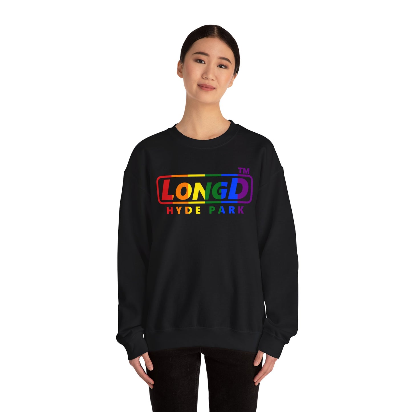 LongD positive vertical striped Hyde Park logo crewneck sweatshirt (Pride colors)