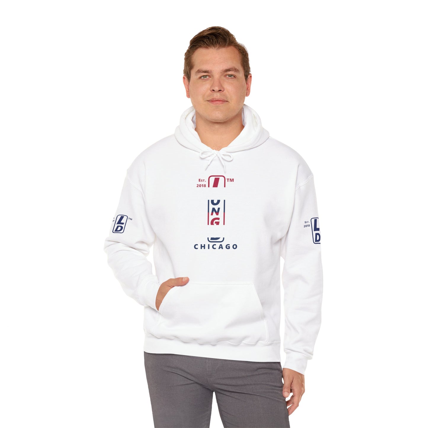 LongD® positive horizontal 6-striped Chicago 4-print upright logo hoodie (patriotic colors)