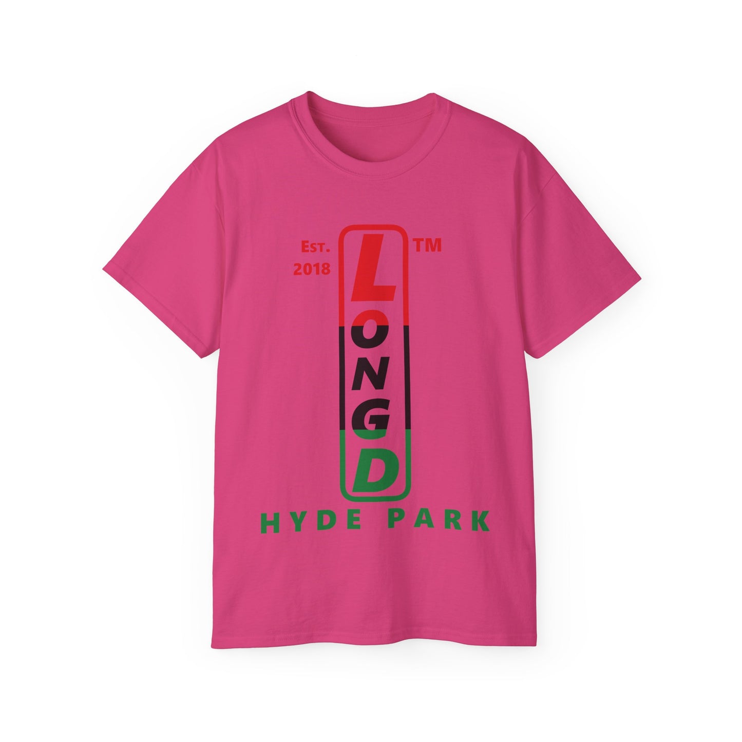 LongD Cotton Tee positive horizontal striped Hyde Park upright logo (Juneteenth colors)