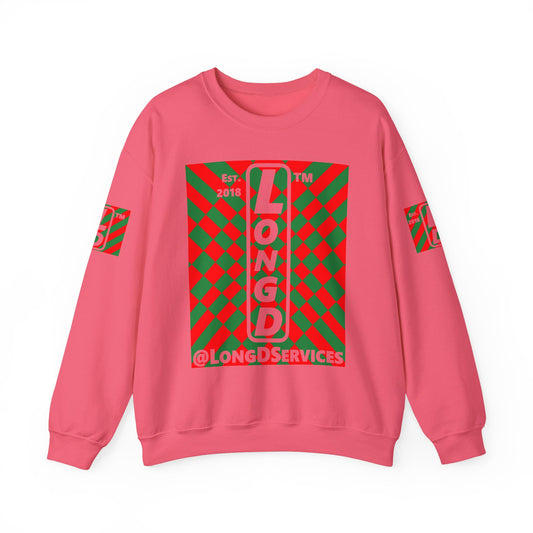 LongD Tag negative upright stylized argyle 4-print logo (Xmas colors) crewneck sweatshirt