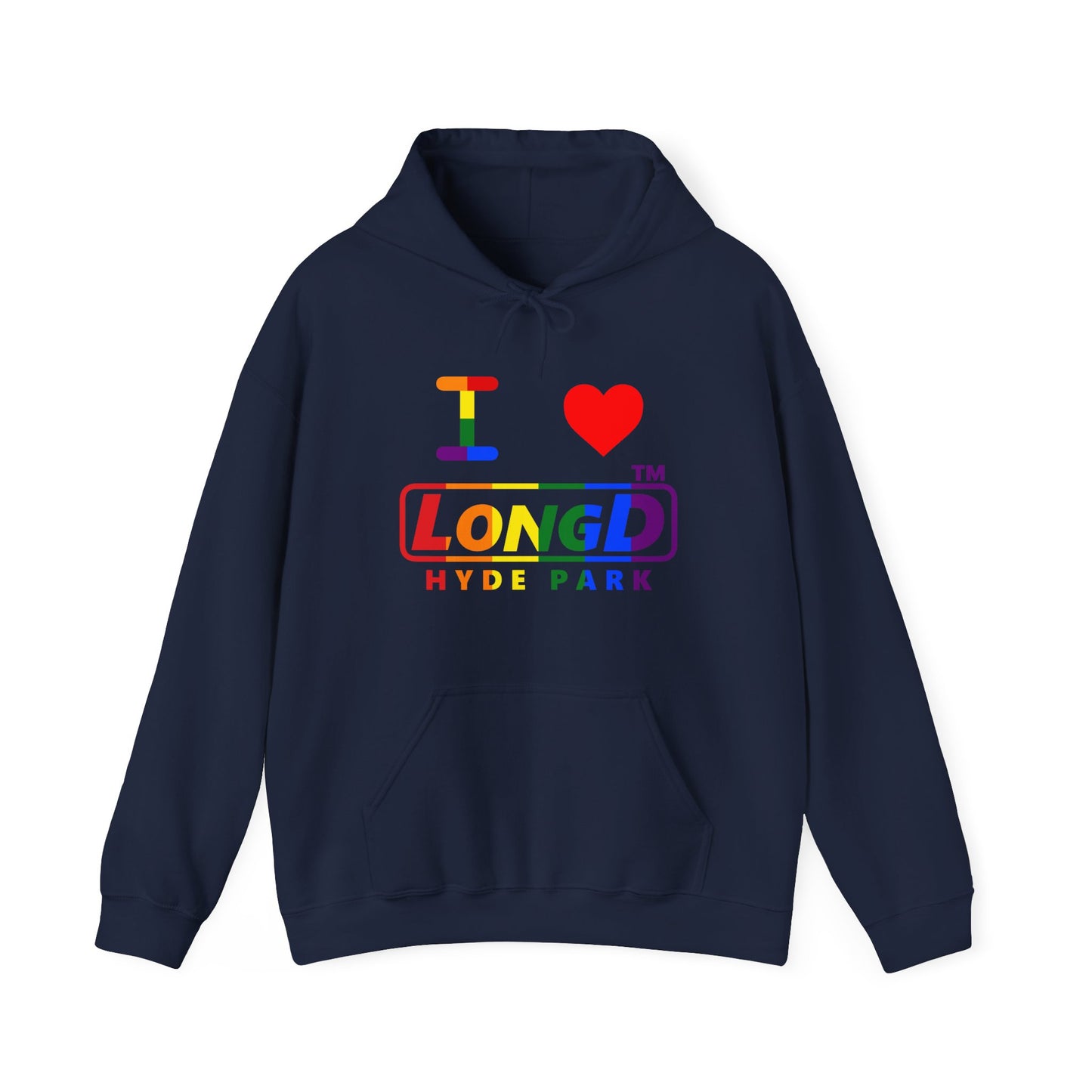 I Luv LongD® positive vertical striped Hyde Park logo hoodie (Pride colors)