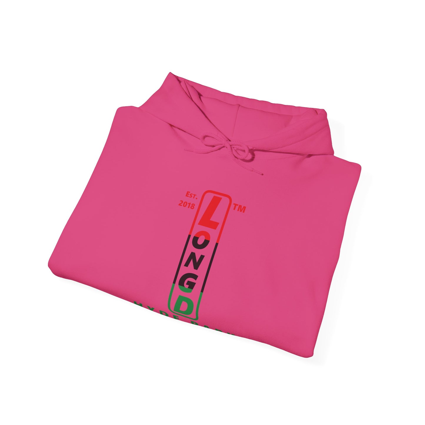 LongD® positive horizontal 3-striped Hyde Park 4-print upright logo hoodie (Juneteenth colors)
