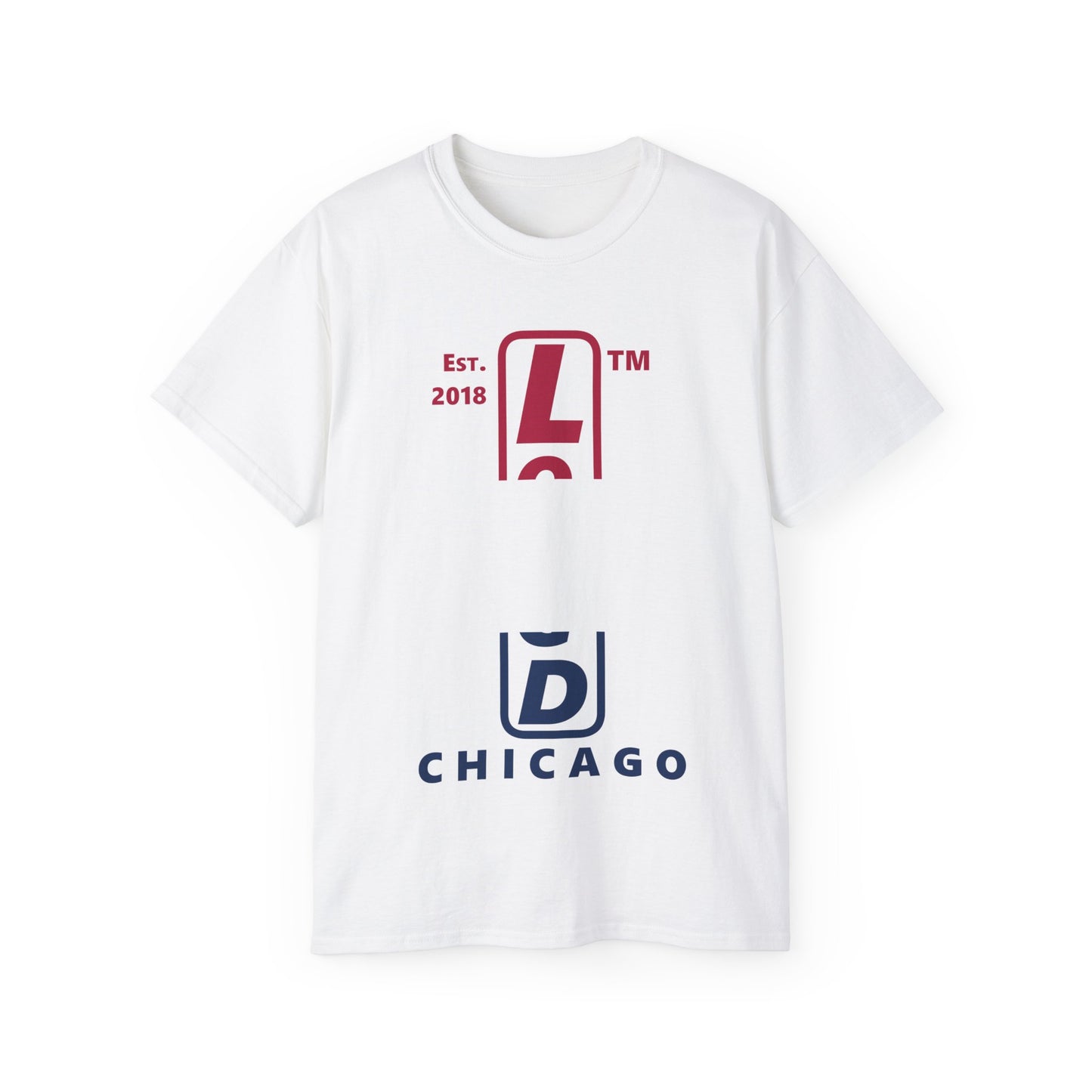 LongD cotton tee positive horizontal 3-striped Chicago upright logo (Patriotic colors)