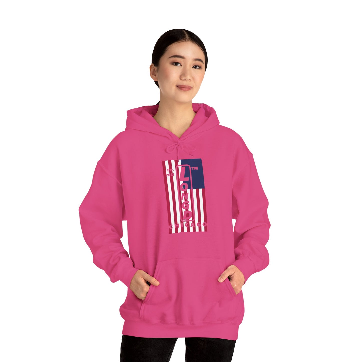 LongD® negative flag upright Chicago logo hoodie