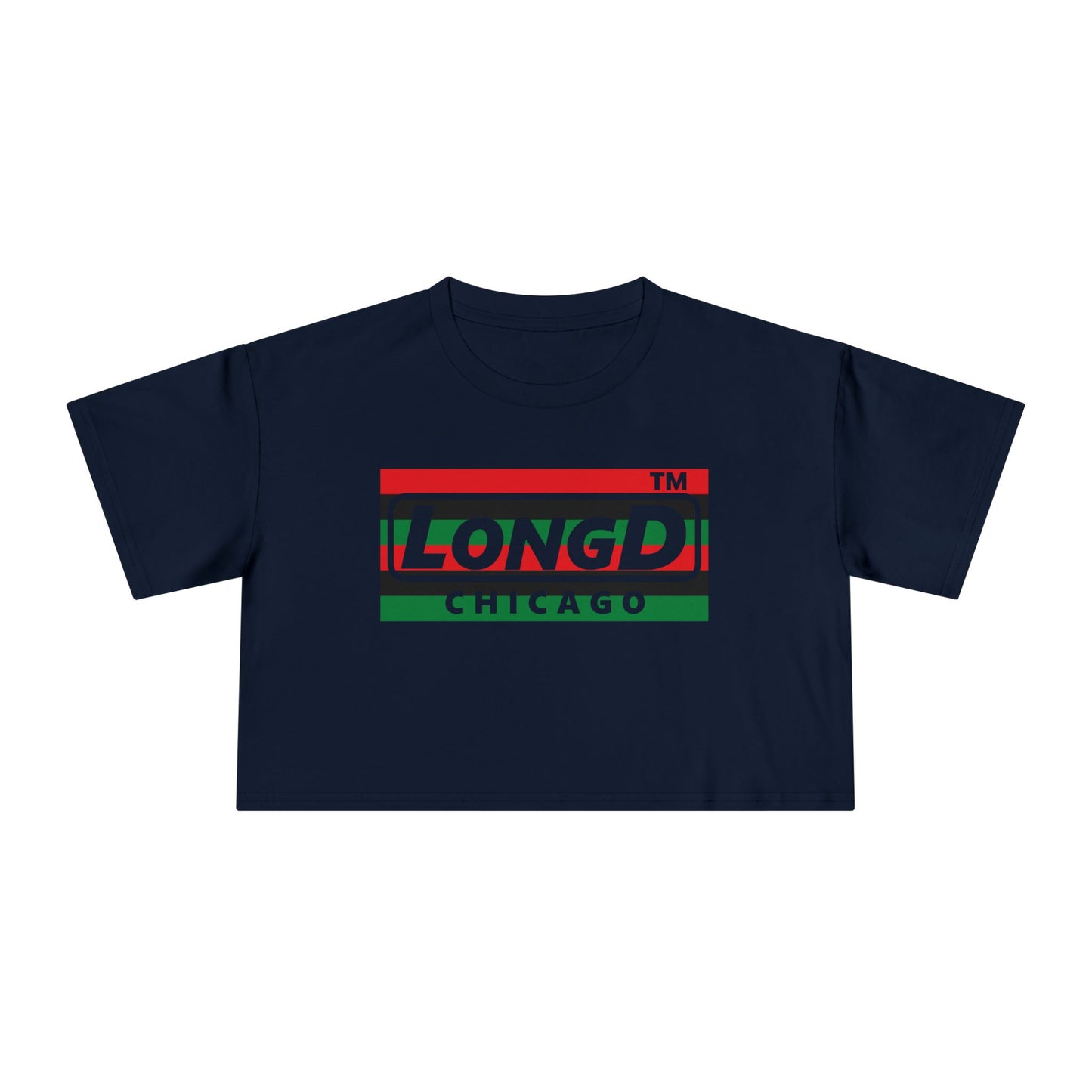LongD negative horizontal 6-striped Chicago logo crop tee (Juneteenth colors)