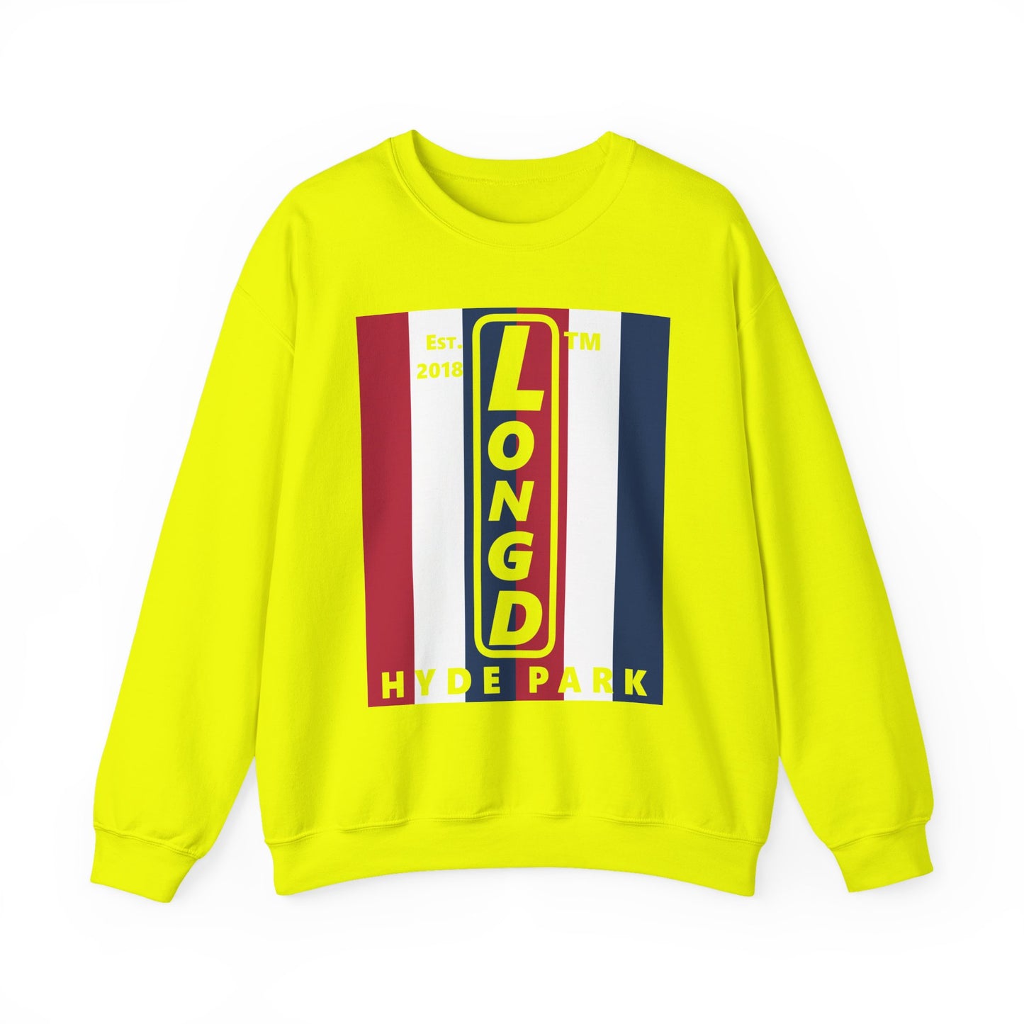 LongD negative vertical 6-striped Hyde Park upright logo crewneck sweatshirt (patriotic colors)