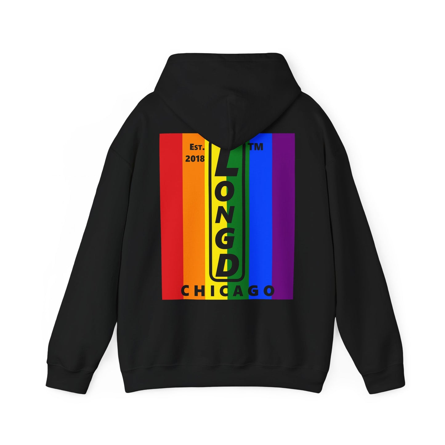 LongD single-breasted negative vertical 6-striped front-back upright Chicago logo hoodie (Pride colors)