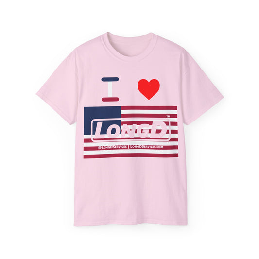 I Luv LongD® Logo Cotton Tee Red, White and Blue negative flag text