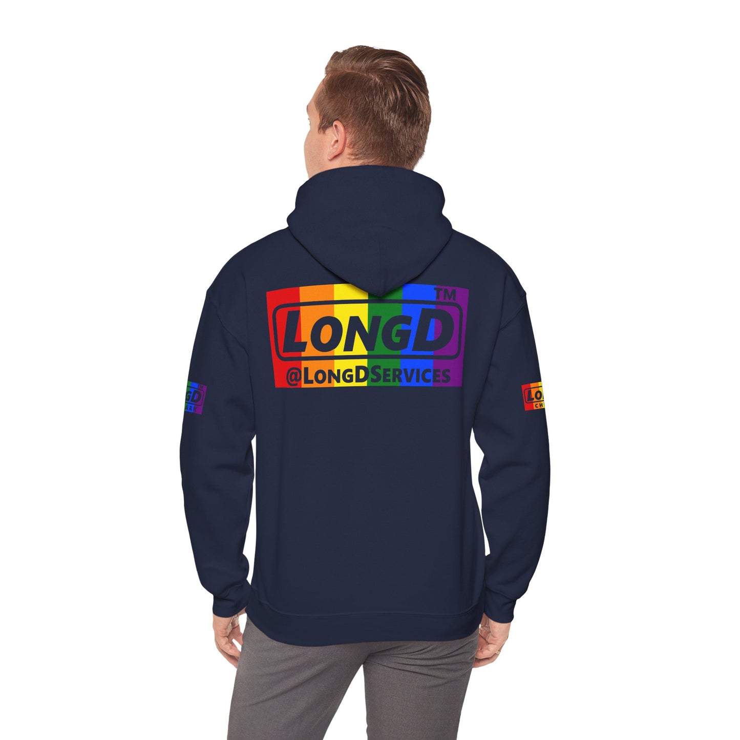 LongD® negative vertical striped 4-print Chicago logo hoodie (Pride colors)