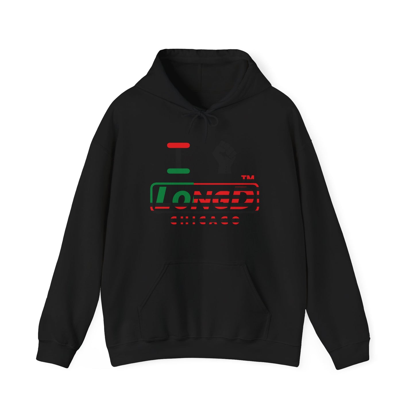 I fist LongD® positive flag Chicago logo Hoodie (Juneteenth colors)