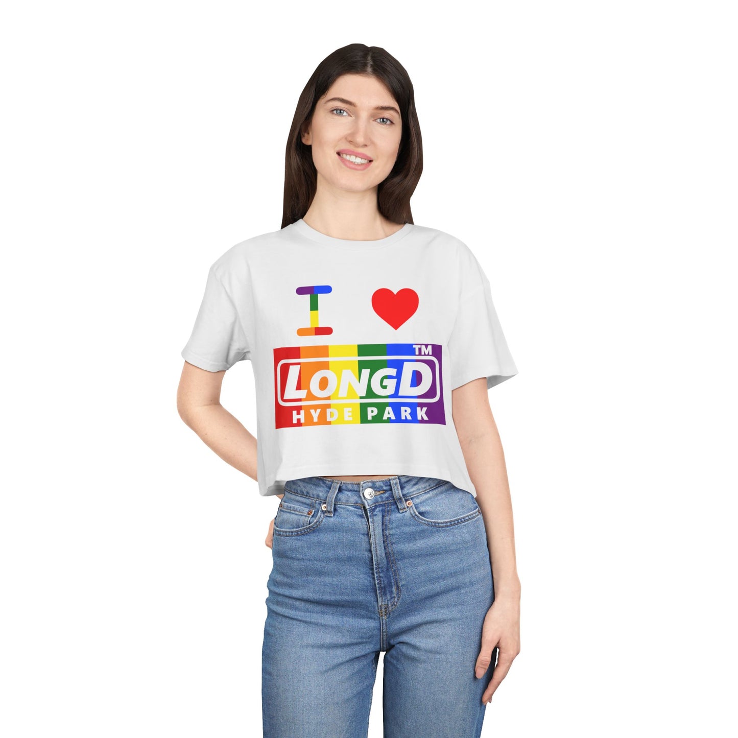 I Luv LongD negative vertical 6-striped Hyde Park logo crop tee (Pride colors)