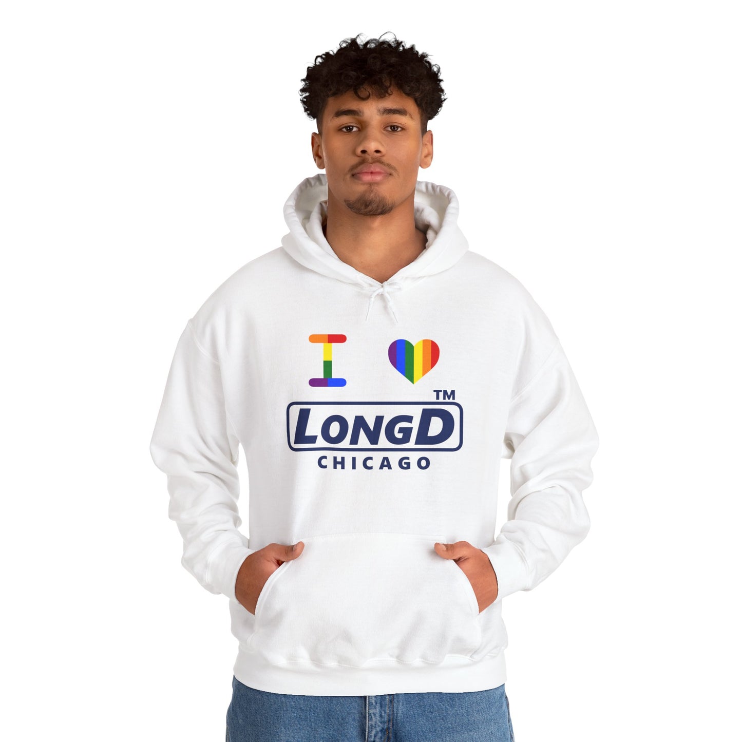 I Luv LongD® official basic front-back Chicago logo hoodie (Pride colors)