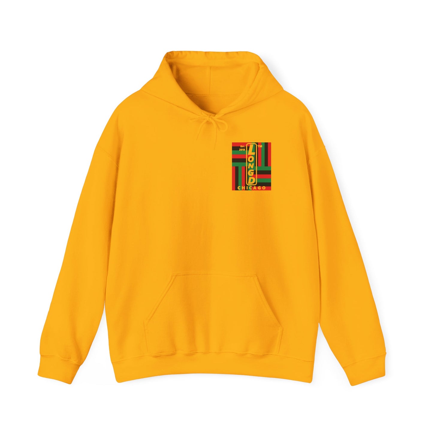 LongD single-breasted negative windmill front-back upright Chicago logo hoodie (Juneteenth colors)