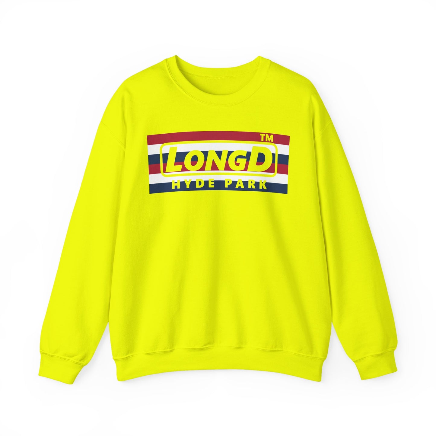 LongD negative horizontal 6-striped Hyde Park logo crewneck sweatshirt (patriotic colors)