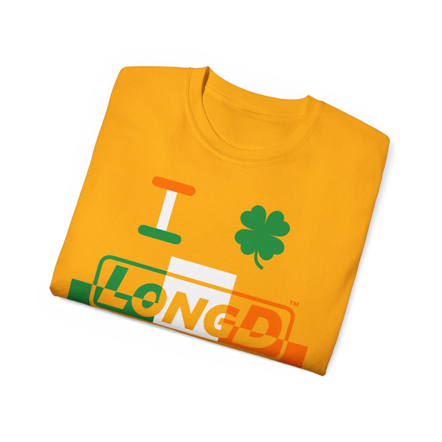 I Clover LongD® Logo Cotton Tee (St. Patrick's Day -Irish Green, White and Irish Orange thirds top-bottom outer positive-negative split with 4-leaf clover)