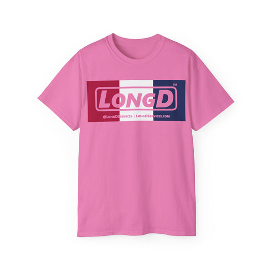 LongD® Logo Cotton Tee Red, White and Blue negative thirds text