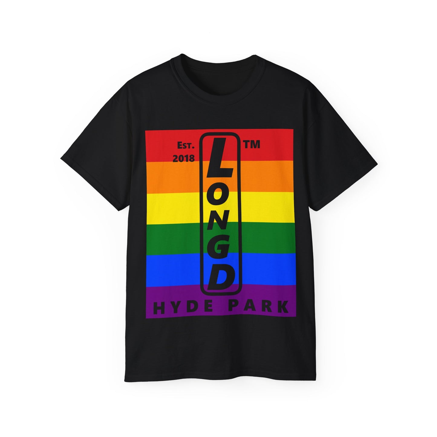 LongD Cotton Tee negative horizontal striped Hyde Park upright logo (Pride colors)
