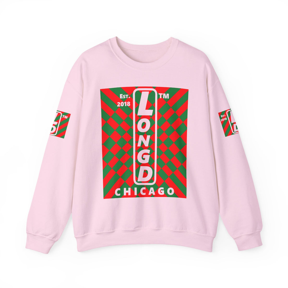 LongD Chicago negative upright stylized argyle 4-print logo (Xmas colors) crewneck sweatshirt