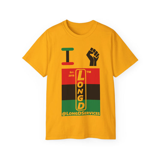 I fist LongD Cotton Tee negative horizontal striped tag upright logo (Juneteenth colors)