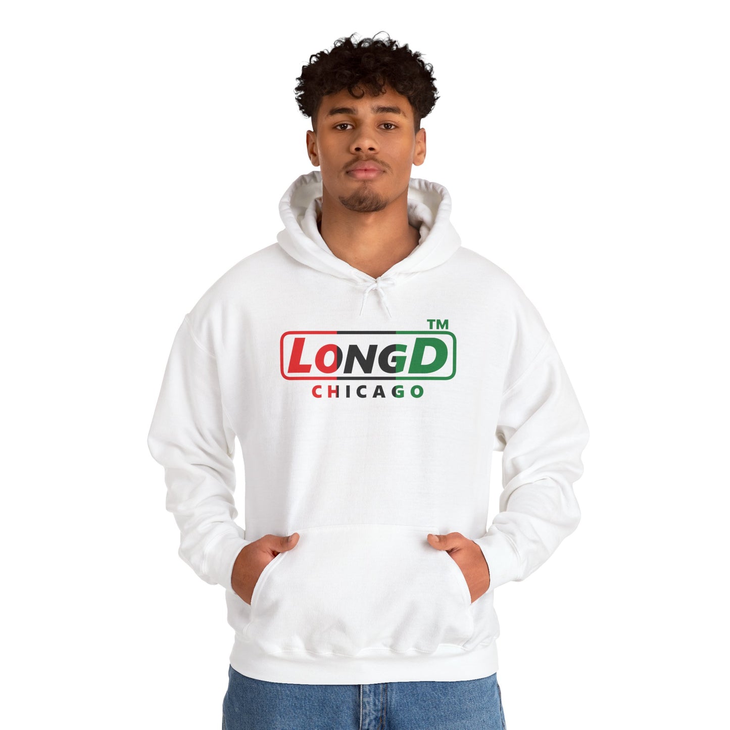 LongD® positive vertical 3-striped Chicago logo Hoodie (Juneteenth colors)