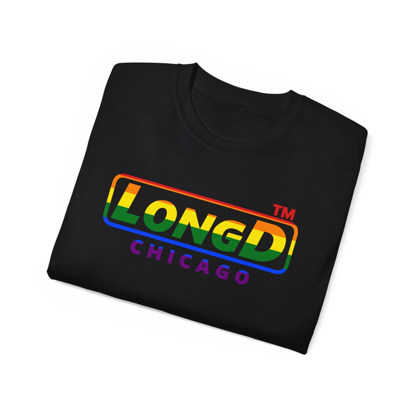 LongD positive vertical striped front-back Chicago logo cotton tee (Pride colors)