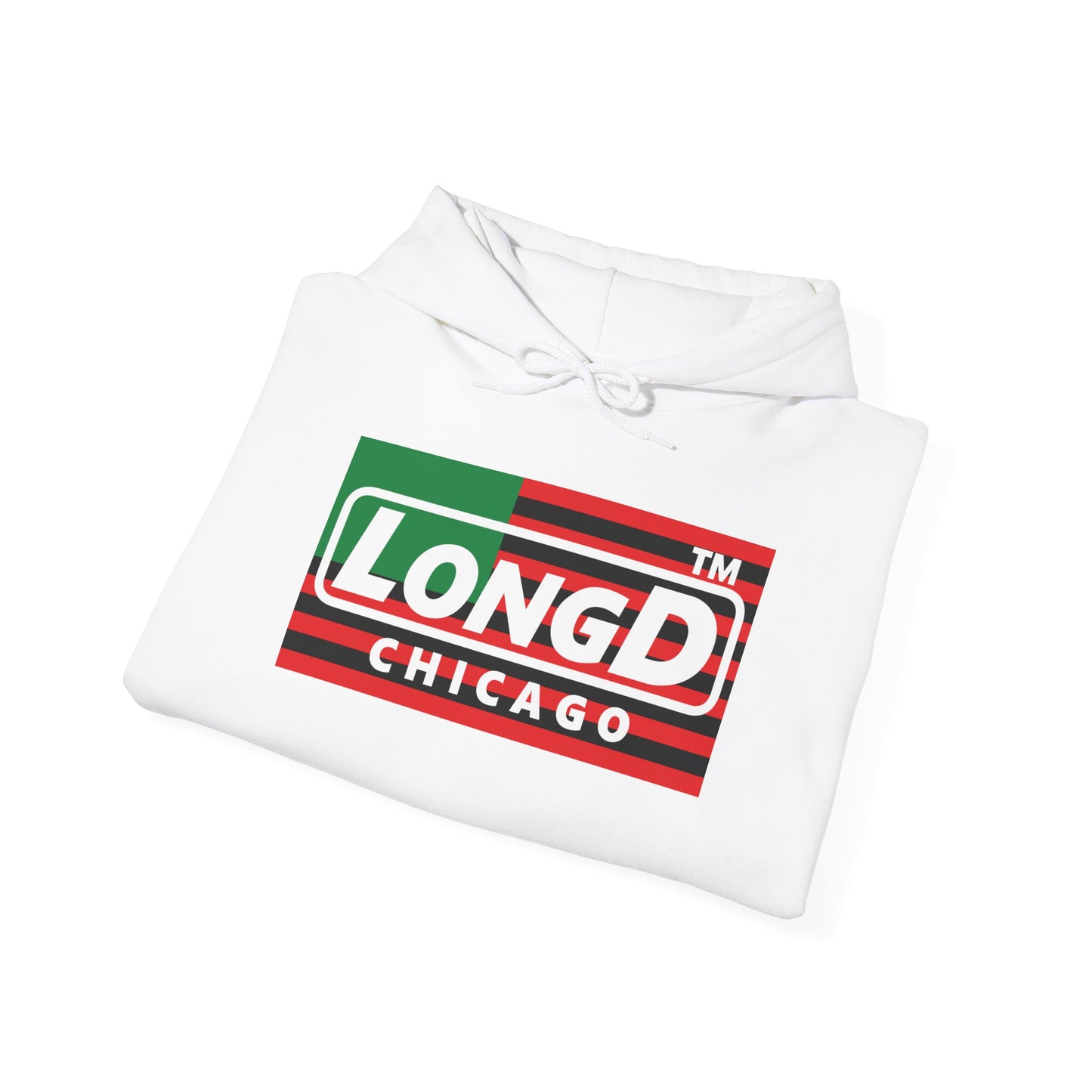 LongD® negative flag Chicago logo Hoodie (Juneteenth colors)