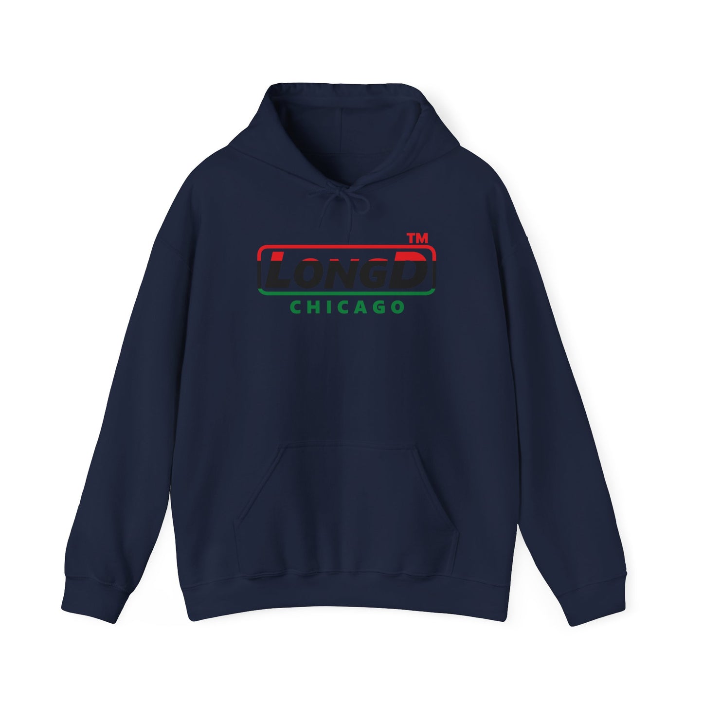 LongD® positive horizontal 3-striped Chicago logo Hoodie (Juneteenth colors)