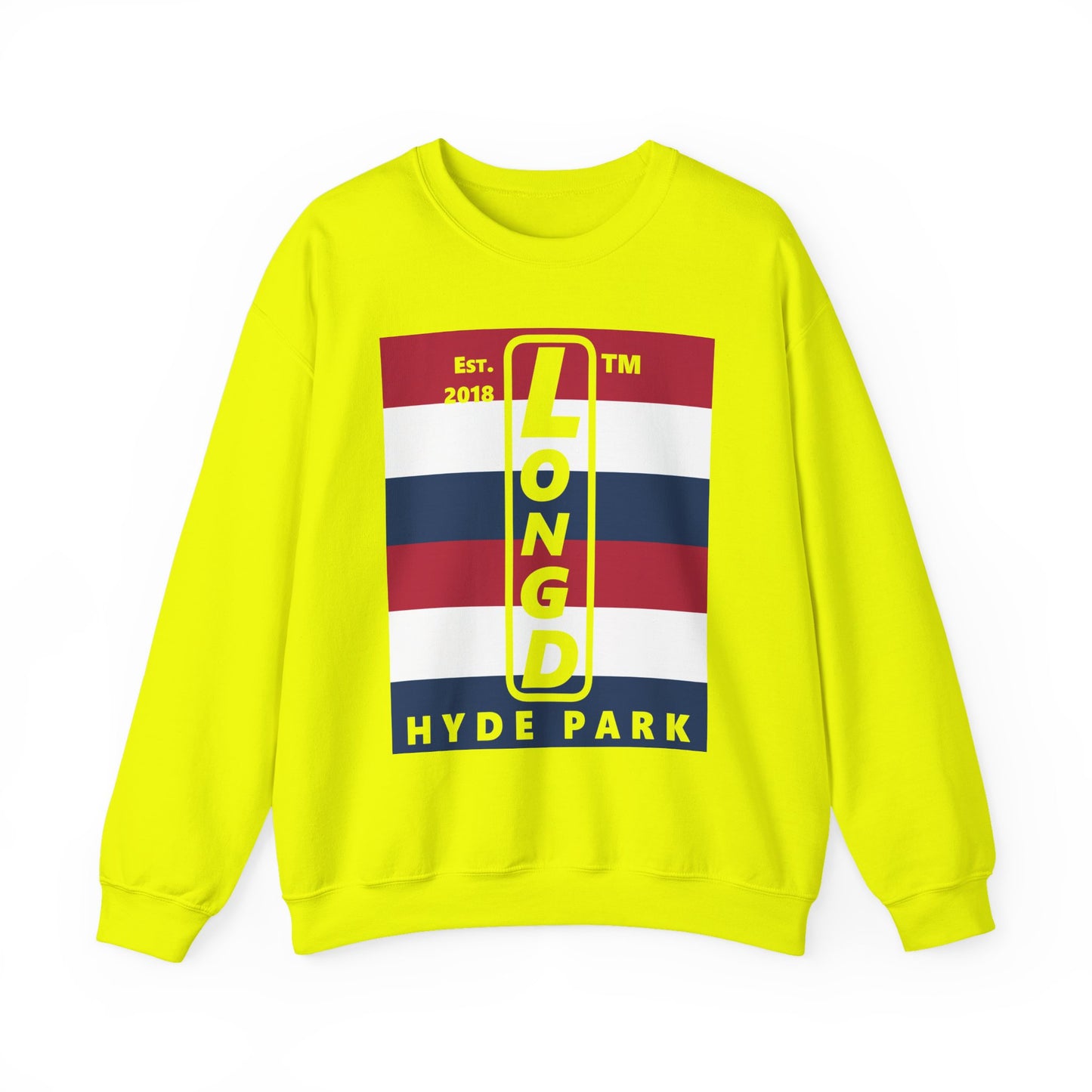 LongD negative horizontal 6-striped Hyde Park upright logo crewneck sweatshirt (patriotic colors)