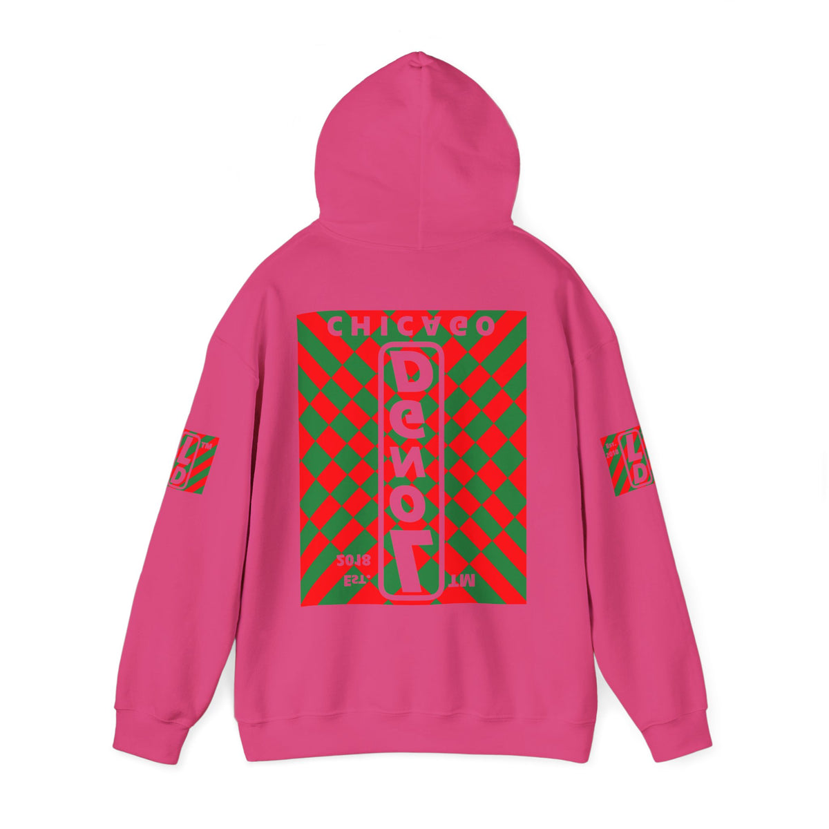 LongD Chicago negative upright stylized argyle 4-print logo (Xmas colors) hoodie