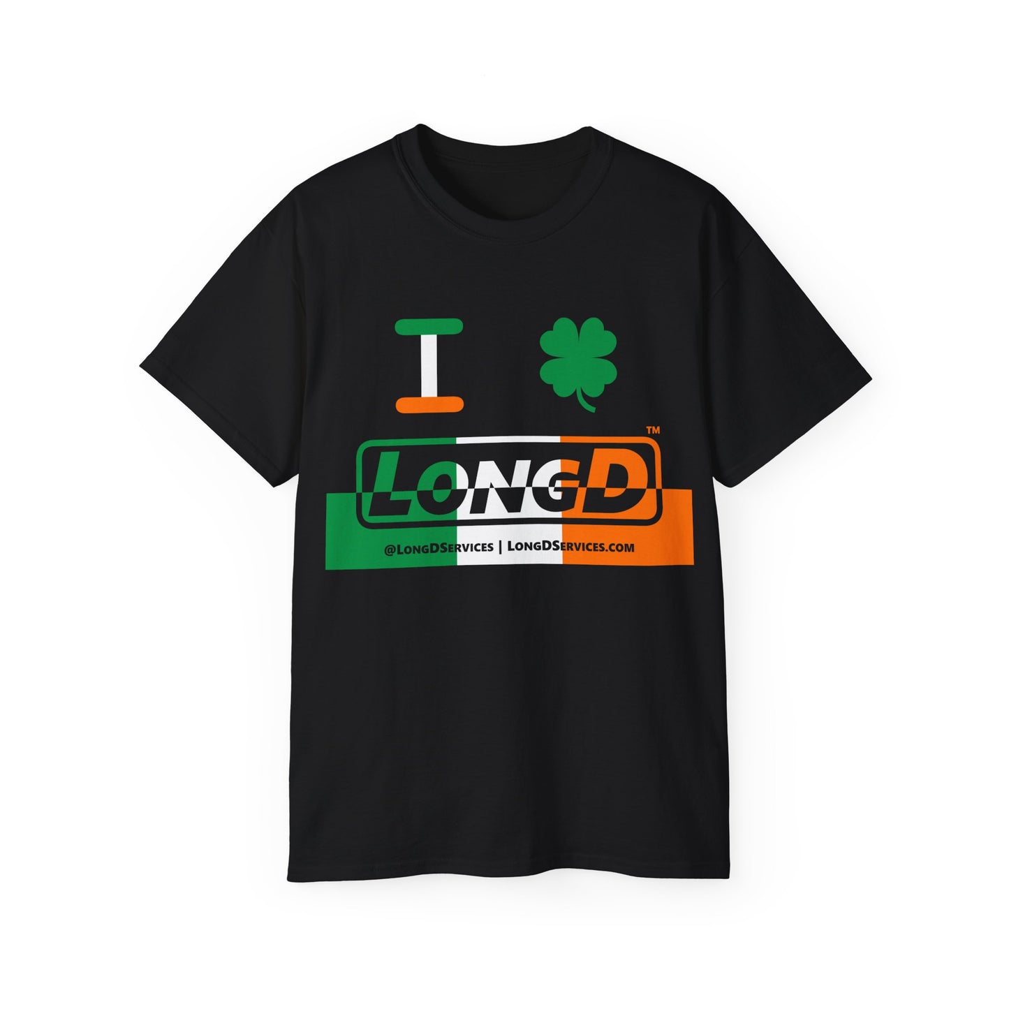 I Clover LongD® Logo Cotton Tee (St. Patrick's Day -Irish Green, White and Irish Orange thirds top-bottom positive-negative split with 4-leaf clover)