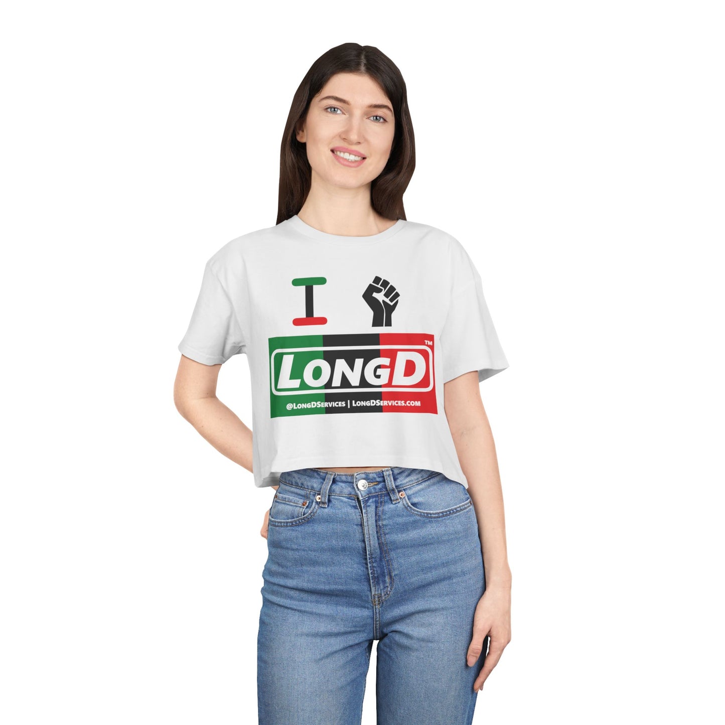 I Fist LongD Logo Women's Crop Tee (Black fist and Juneteenth negative thirds logo)