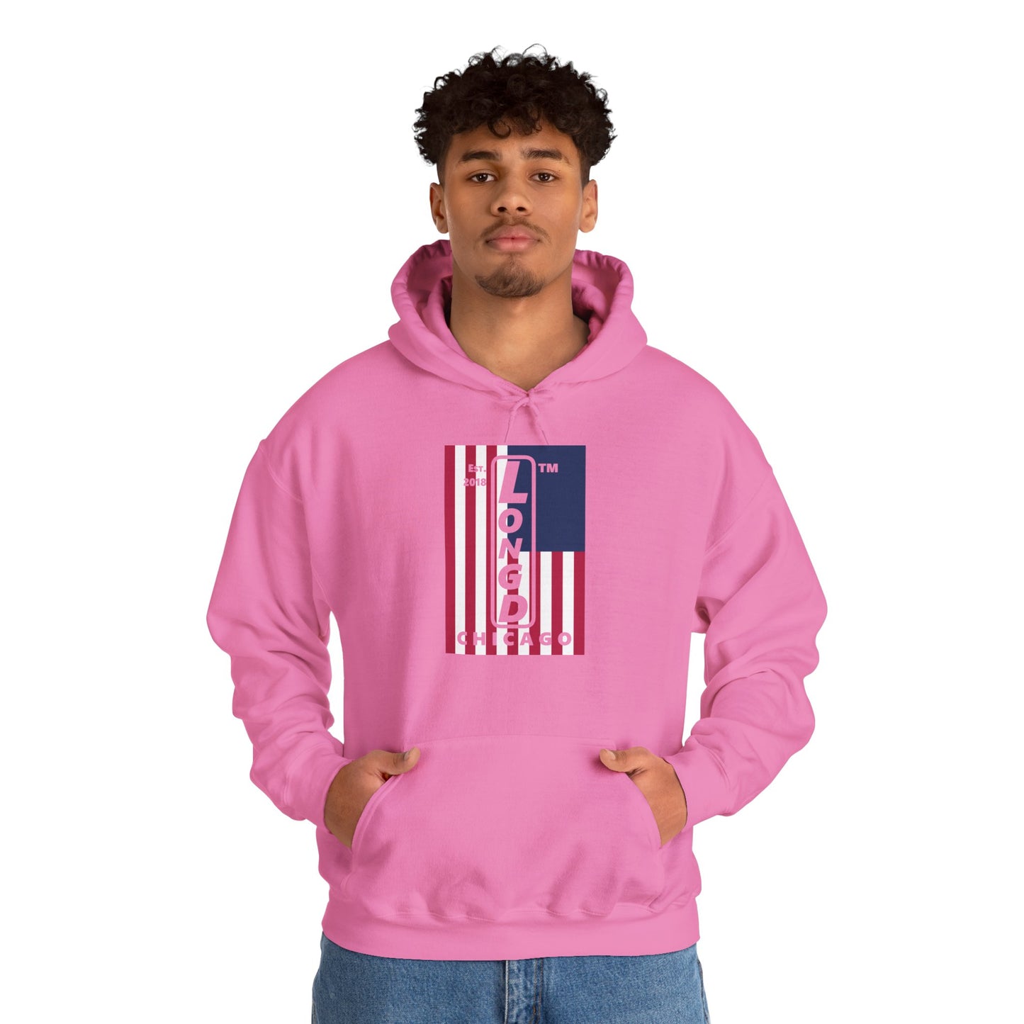LongD® negative cropped flag upright Chicago logo hoodie
