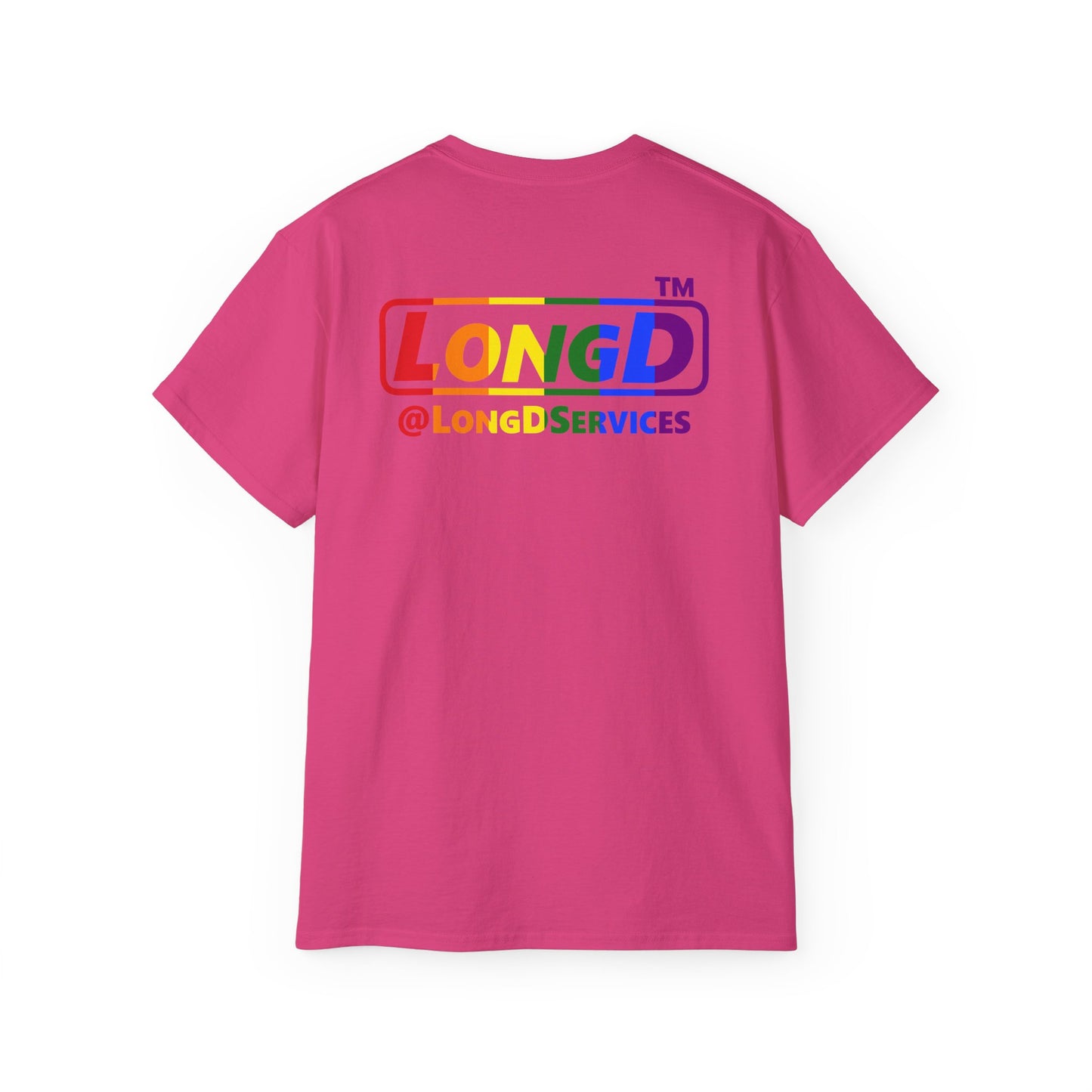 LongD positive vertical striped front-back Hyde Park logo cotton tee (Pride colors)