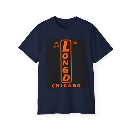LongD Chicago upright front-back logo positive orange on negative black cotton tee
