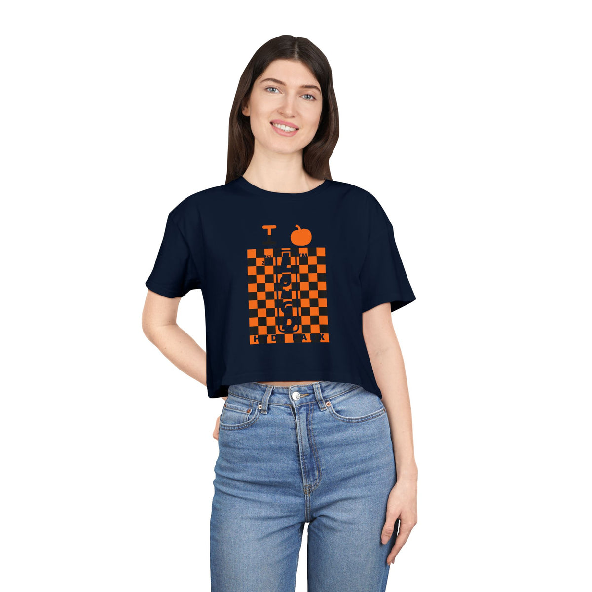 I pumpkin LongD Hyde Park negative upright checkered logo crop tee