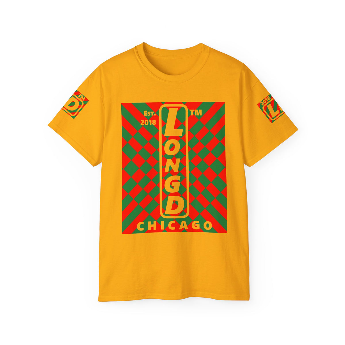 LongD Chicago negative upright stylized argyle 4-print logo (Xmas colors) cotton tee