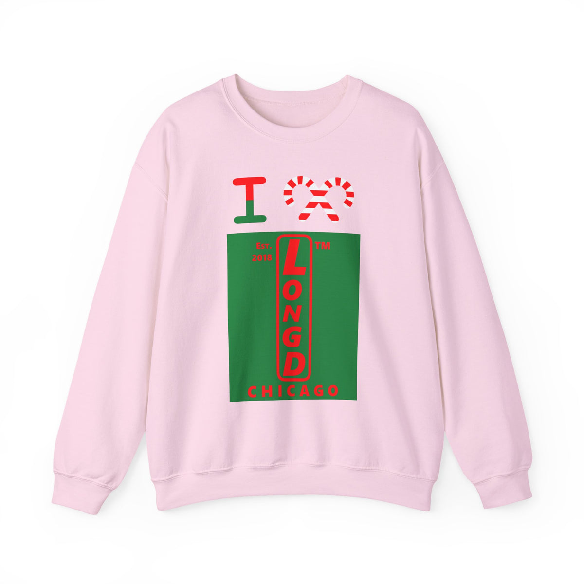 I candy cane LongD Chicago upright front-back logo positive red on negative green crewneck sweatshirt